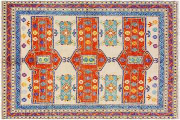 handmade Geometric Balouchi Beige Orange Hand Knotted RECTANGLE 100% WOOL area rug 6' x 8'